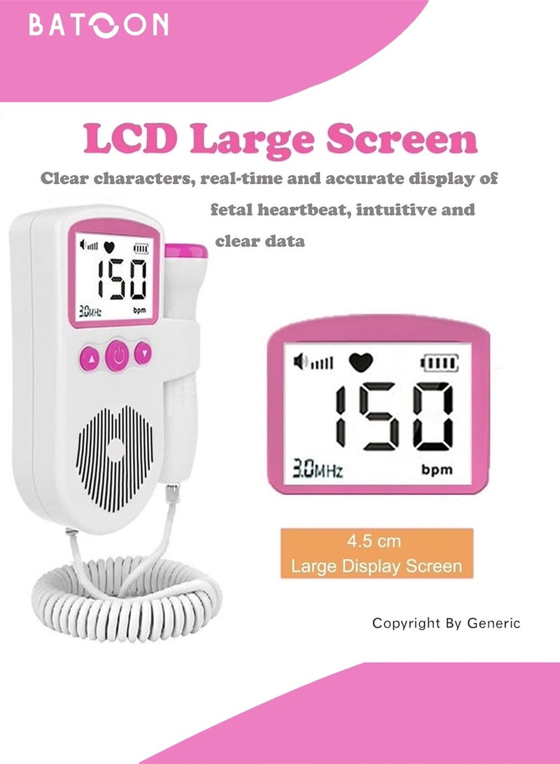 Batoon Portable Fetal Doppler Heart Rate Monitor Home Baby Fetal Heart Doppler Your Portable Pregnancy Companion with 50-230M Measuring Hz, LCD Display, and Pocket Size Monitor for Pregnancy - (Pink) - Image 2