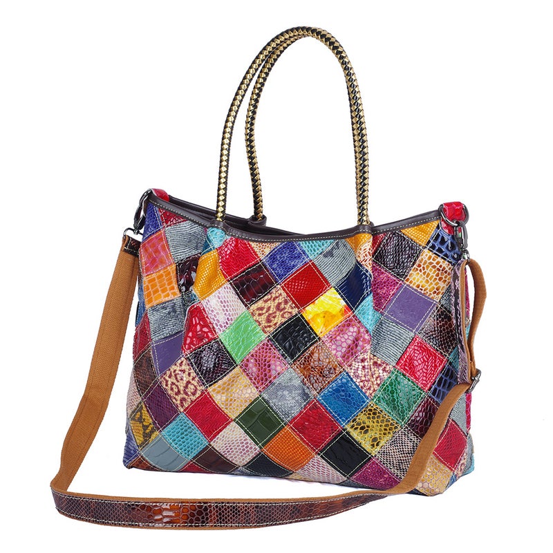 Leather Women'S Bag Snake Pattern Contrast Cowhide Handmade Stitching Design Large Capacity Crossbody Women'S Shoulder Tote Bag - Image 2
