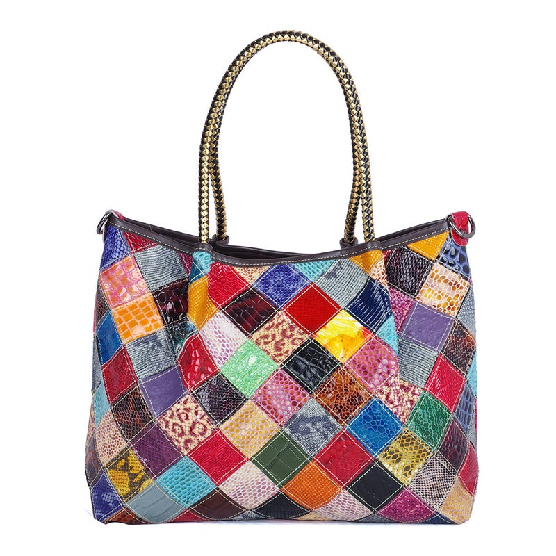 Leather Women'S Bag Snake Pattern Contrast Cowhide Handmade Stitching Design Large Capacity Crossbody Women'S Shoulder Tote Bag - Image 1