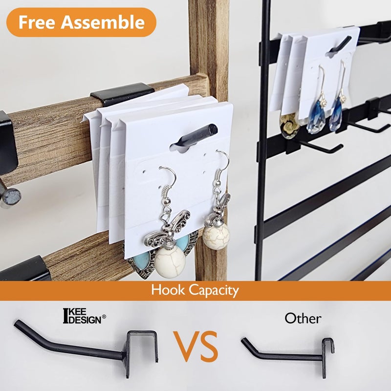 Ikee Design 5 Tiers Free Assemble Wooden Jewelry Display Rack with 20 Removable Metal Hooks,Earring Card Display Stand,Jewelry Organizer,Bracelet Organizer,Keychain Display Stand,Brown Color - Image 4