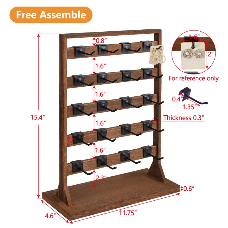 Ikee Design 5 Tiers Free Assemble Wooden Jewelry Display Rack with 20 Removable Metal Hooks,Earring Card Display Stand,Jewelry Organizer,Bracelet Organizer,Keychain Display Stand,Brown Color - Image 2