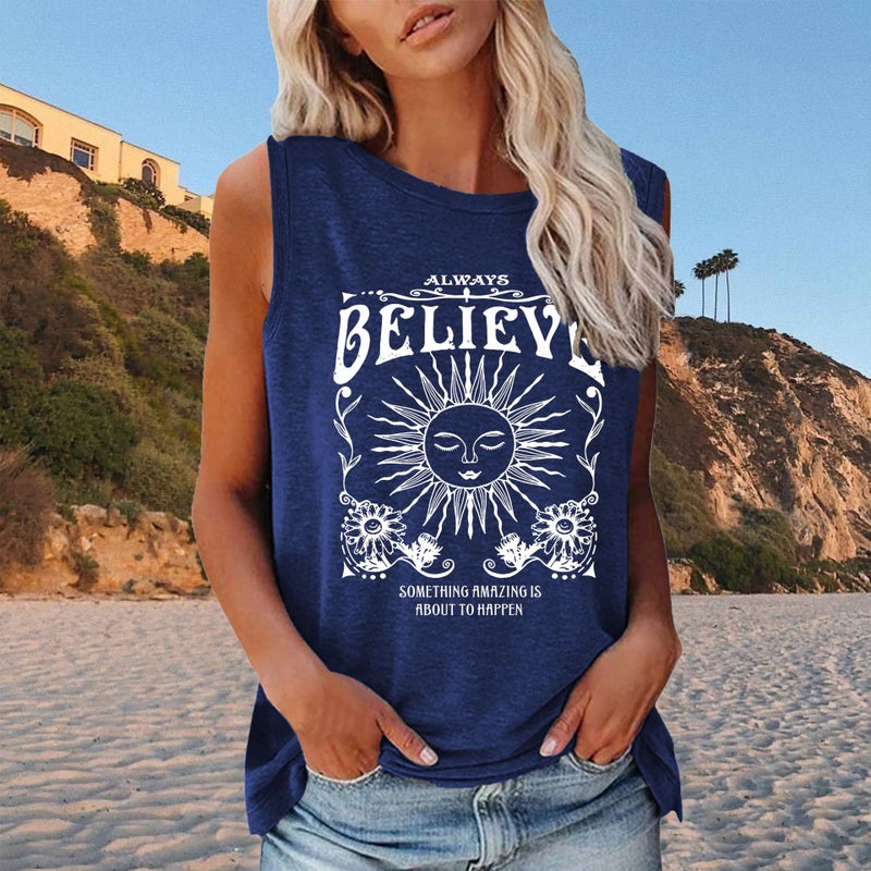 2022 new BELIEYE Sun printed loose round neck sleeveless T-shirt - Image 4