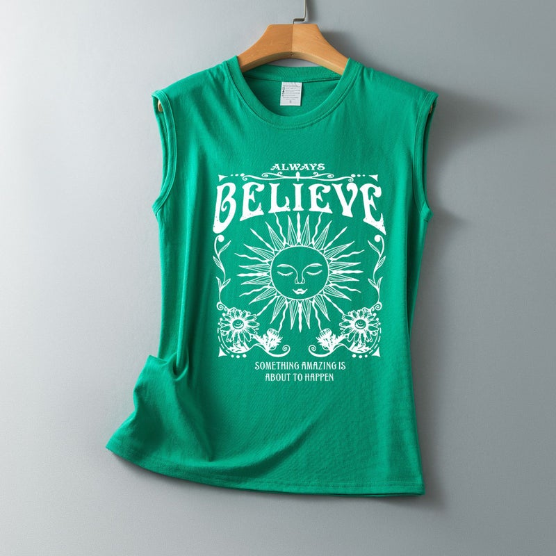 2022 new BELIEYE Sun printed loose round neck sleeveless T-shirt - Image 1