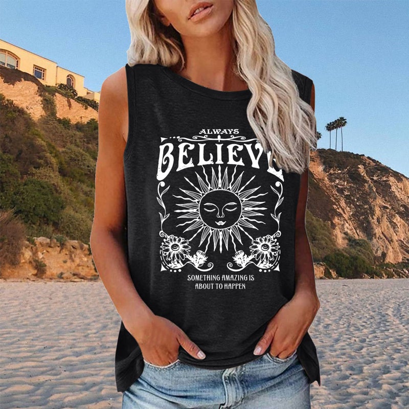 2022 new BELIEYE Sun printed loose round neck sleeveless T-shirt - Image 2