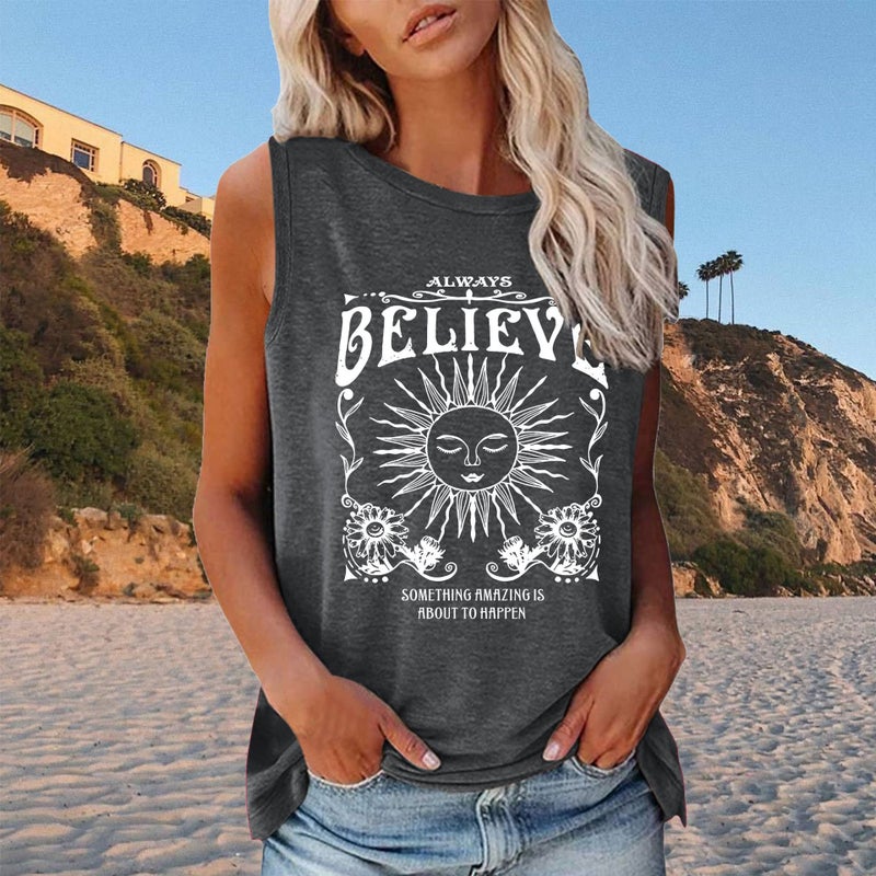 2022 new BELIEYE Sun printed loose round neck sleeveless T-shirt - Image 3