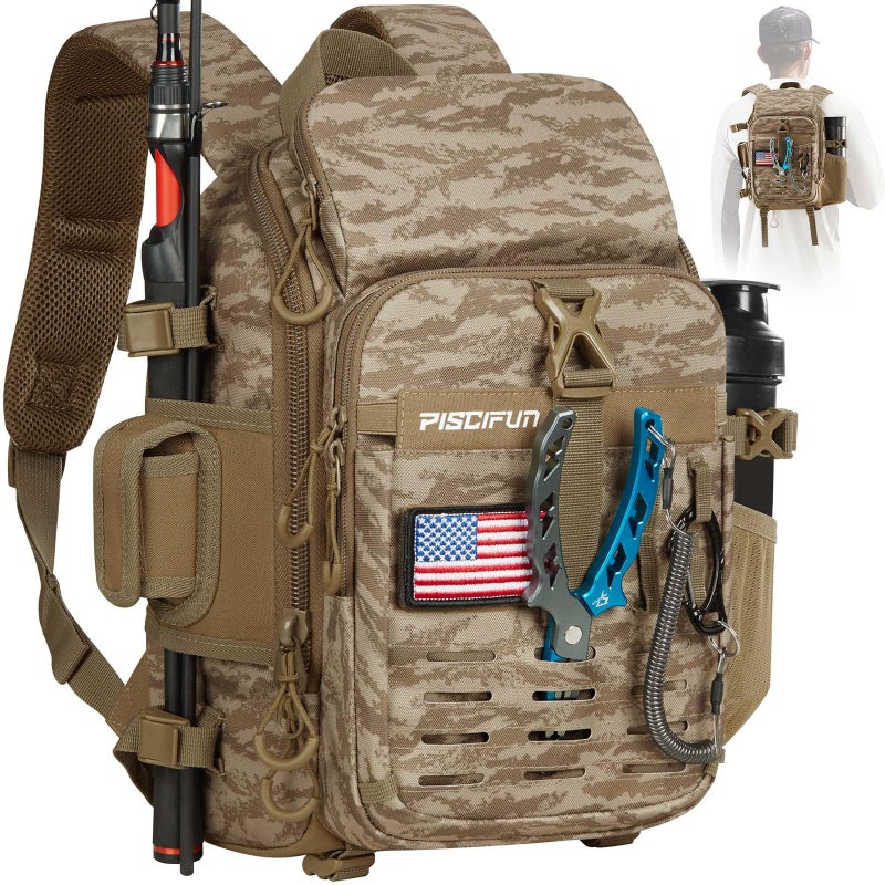 Piscifun Fishing Tackle Backpack with Rod Gear Holder Lightweight Outdoor WaterResistant Fishing Shoulder Storage Bag with Protective Rain Cover Khaki Camouflage - Image 2