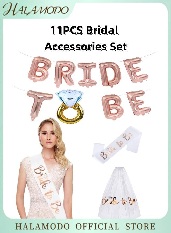 هالامودو مجموعة إكسسوارات الزفاف المكونة من 11 قطعة تتضمن وشاح العروس قطعة واحدة وحجابًا بطول الكتف و8 قطع من البالونات، إكسسوارات تزيين مثالية لحفلات الزفاف وحفلات توديع العزوبية وحفلات الزفاف - Image 1