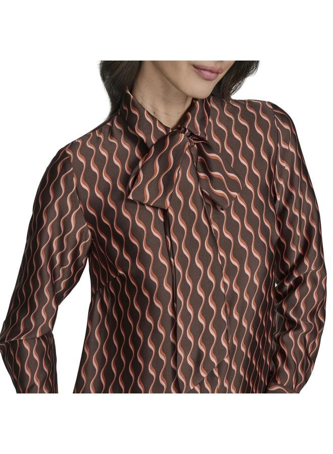 BCBG Women's Long Sleeve Collared Tie Neck Ruffle Trim Mini Dress, Truffle Multi, 10 - Image 2