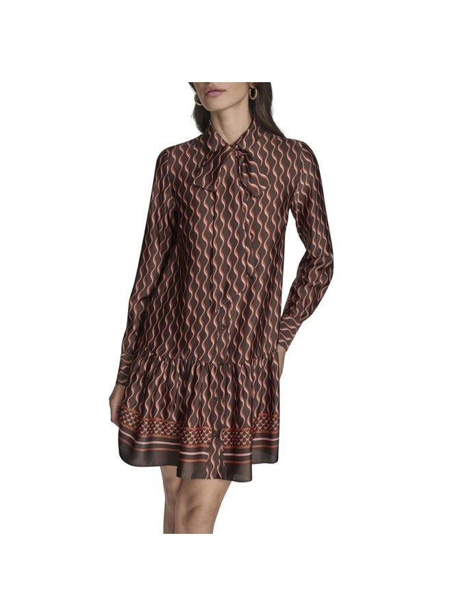 BCBG Women's Long Sleeve Collared Tie Neck Ruffle Trim Mini Dress, Truffle Multi, 10 - Image 1