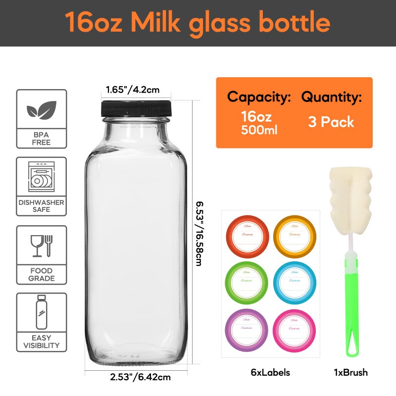 STARSIDE 16 oz Glass Juice Bottles with Lids 3 Pack - Square Reusable Drinking Jars for Juicing, Milk, Kombucha - Includes 1 Bottle Brush, 6 Colored Labels - Image 3
