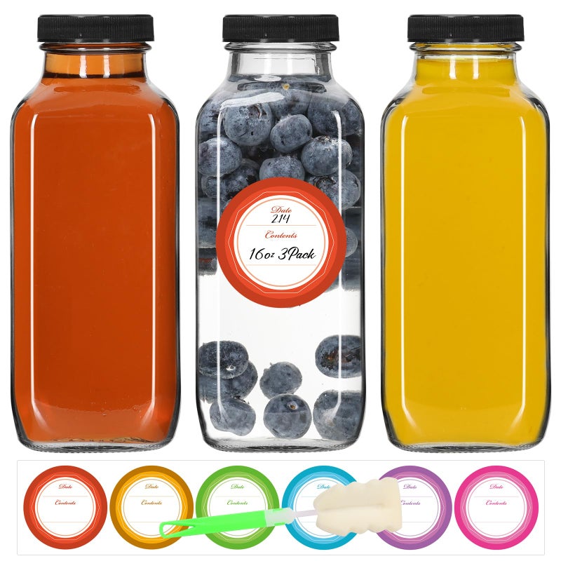 STARSIDE 16 oz Glass Juice Bottles with Lids 3 Pack - Square Reusable Drinking Jars for Juicing, Milk, Kombucha - Includes 1 Bottle Brush, 6 Colored Labels - Image 1