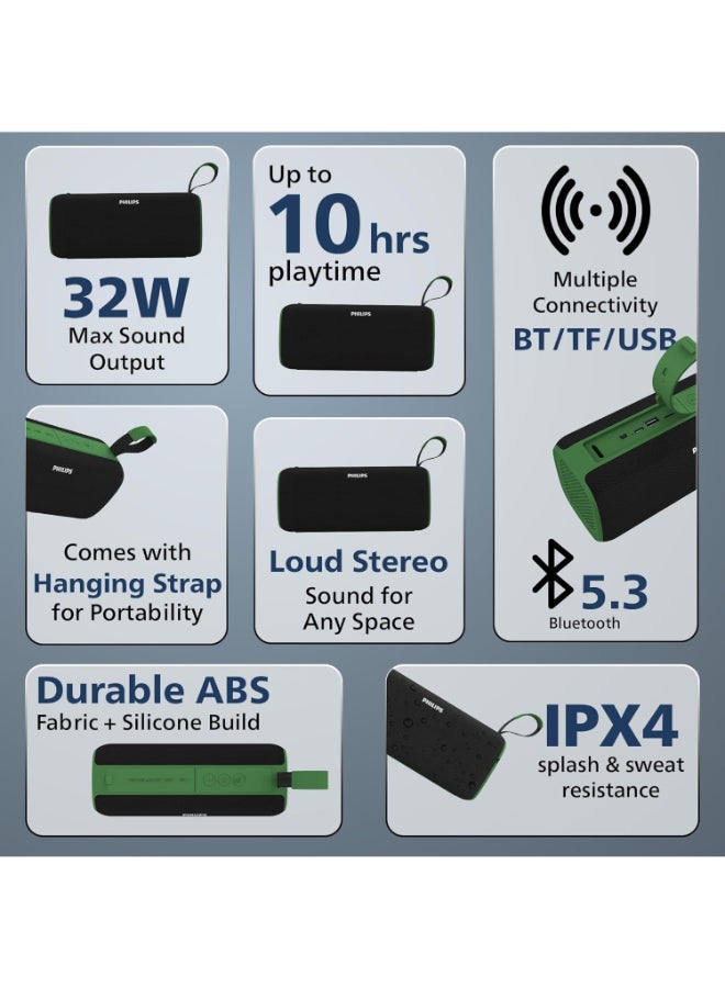 Philips Renewed - Audio TAS2400GR Portable Bluetooth Speaker with 32W RMS Stereo Sound and IPX4 Waterproof Design Green - Image 3
