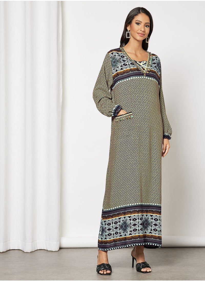 Hayat - Jalabiya In Abstract Print  With Lace And Tassel Embellishments - Image 1