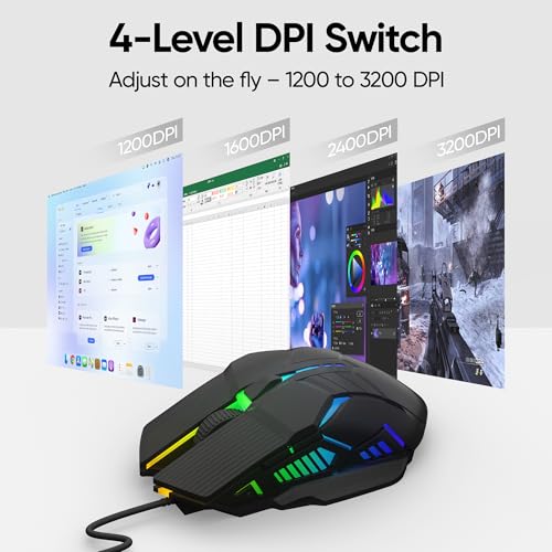 MELOGAGA Wired Gaming Mouse - Lightweight USB Optical Computer Mice with 7-Color RGB LED Lights, 4 Adjustable DPI (1200-3200), 6 Buttons, Ergonomic Design for Windows (S800-Black) - Image 3