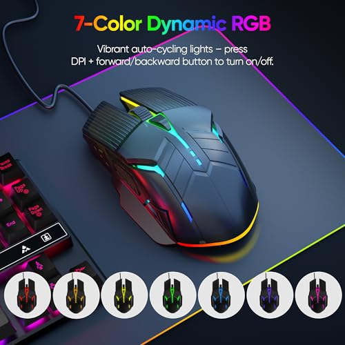 MELOGAGA Wired Gaming Mouse - Lightweight USB Optical Computer Mice with 7-Color RGB LED Lights, 4 Adjustable DPI (1200-3200), 6 Buttons, Ergonomic Design for Windows (S800-Black) - Image 4