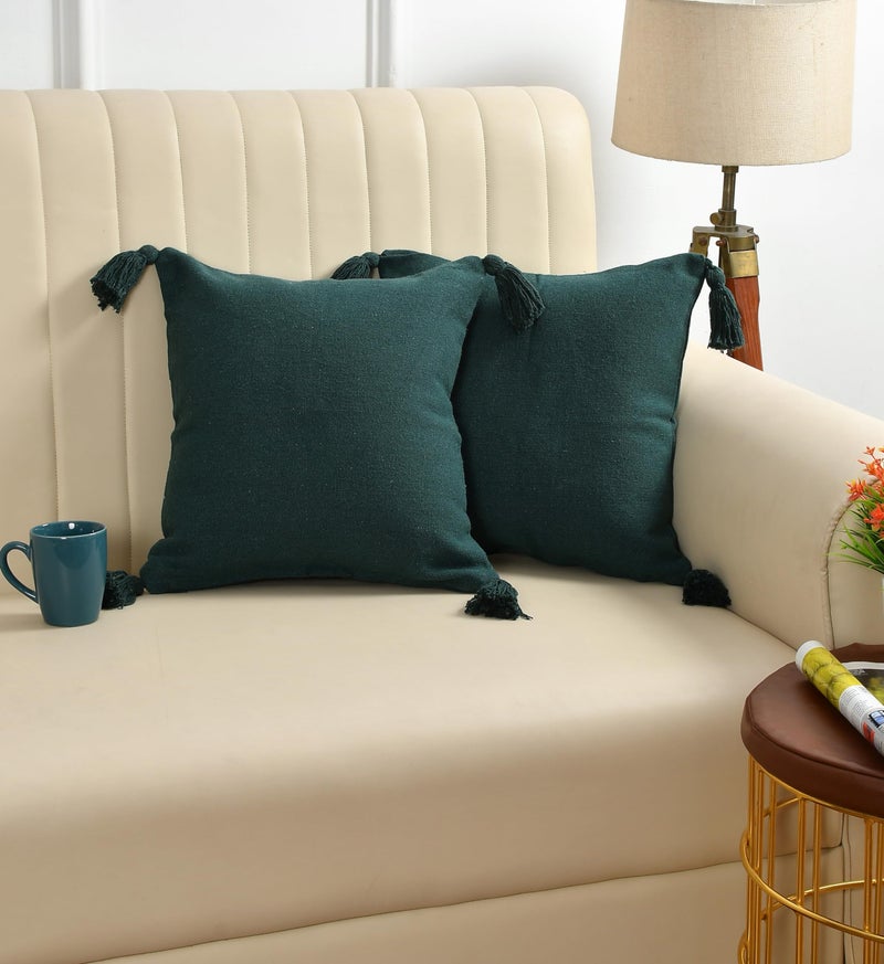 SASHAA WORLD 100% Cotton Cushion Covers with Tassels/Decorative Throw Pillow Set of 2 (45x45 cms, Green) - Image 1