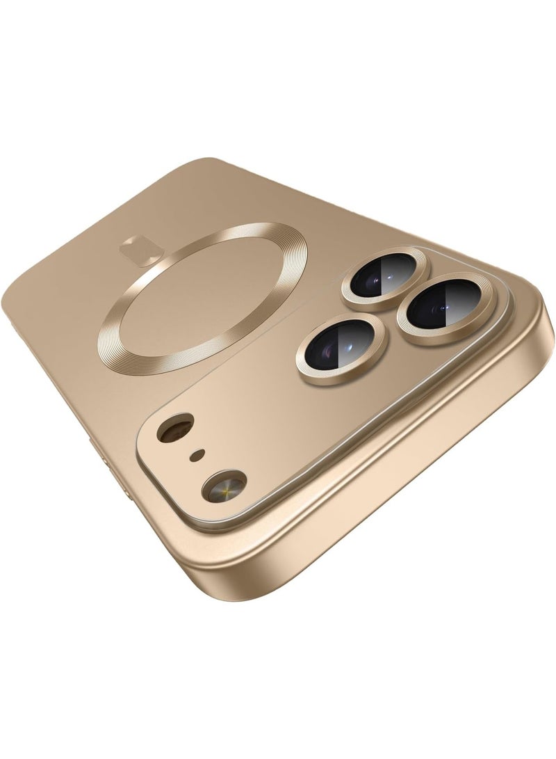 جراب مغناطيسي لهاتف iPhone 17 Pro Max، يأتي مع واقي لعدسة الكاميرا، متوافق مع Magsafe، غطاء هاتف ناعم من مادة TPU للحماية الكاملة، نحيف وناعم ومقاوم للصدمات (ذهبي) - Image 1