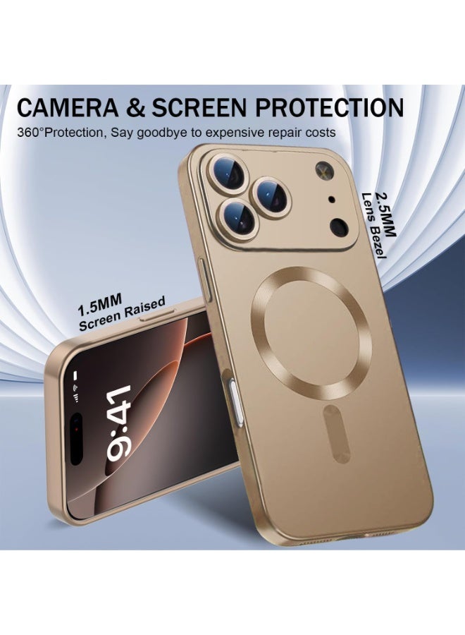 جراب مغناطيسي لهاتف iPhone 17 Pro Max، يأتي مع واقي لعدسة الكاميرا، متوافق مع Magsafe، غطاء هاتف ناعم من مادة TPU للحماية الكاملة، نحيف وناعم ومقاوم للصدمات (ذهبي) - Image 2