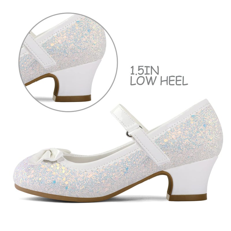 K KomForme Girl's Dress Shoes Mary Jane Glitter 1.5 in Low Heel Wedding Party Princess Shoes for Toddler/Little/Big Kids White - Image 5