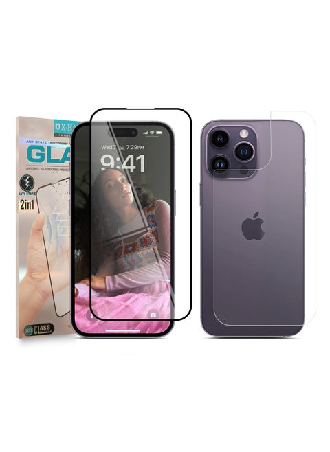 واقي شاشة زجاجي مقوى 2 في 1 من X-Hanz لهاتف Apple iPhone 14 Pro Max - حماية أمامية وخلفية مضادة للكهرباء الساكنة بسمك 0.3 مم وتركيب خالٍ من الفقاعات