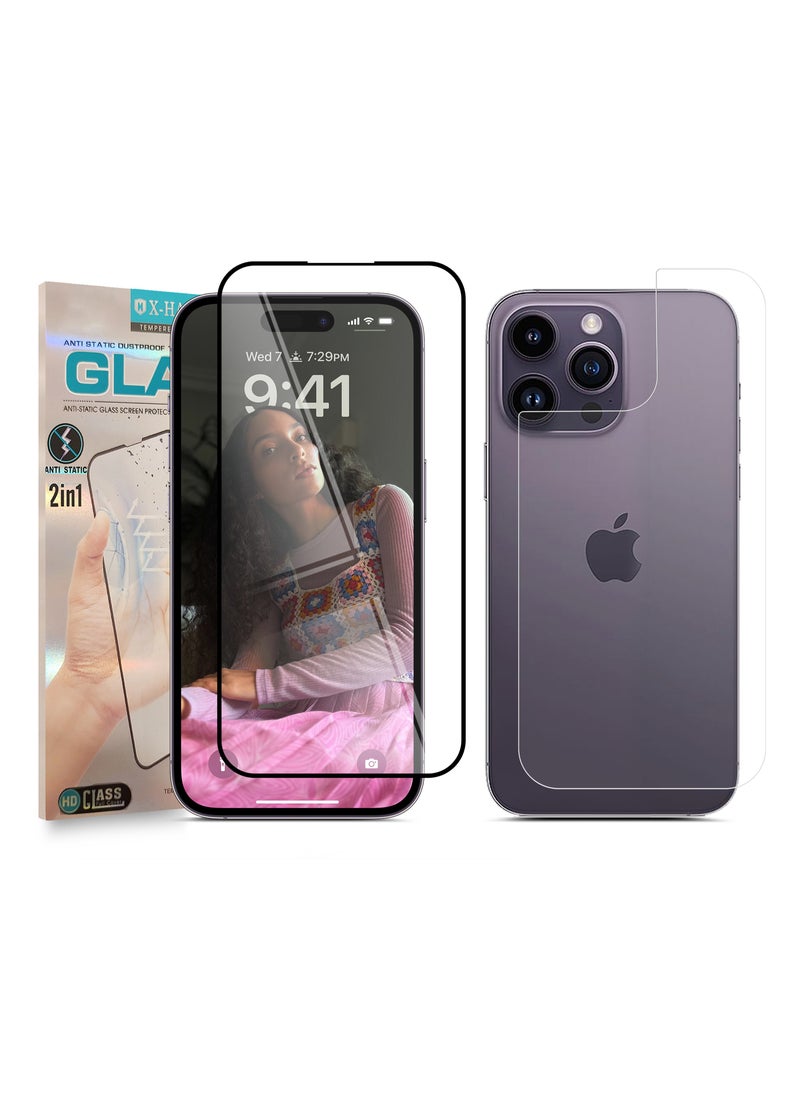 X-HANZ - واقي شاشة زجاجي مقوى 2 في 1 من X-Hanz لهاتف Apple iPhone 14 Pro Max - حماية أمامية وخلفية مضادة للكهرباء الساكنة بسمك 0.3 مم وتركيب خالٍ من الفقاعات - Image 1