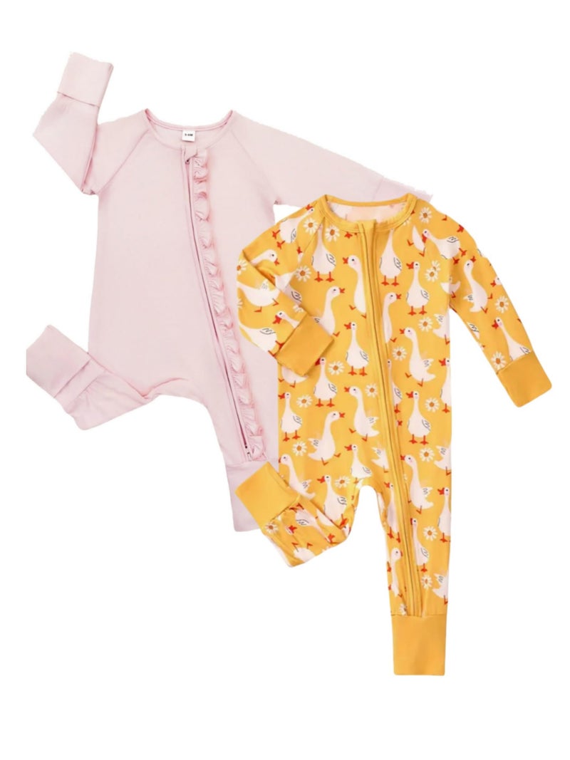 Bow Dream Baby Bamboo Rayon Romper Girl Footless Viscose Newborn Infant Footie Outfits Mitten Cuffs Toddler Boy Clothes Yellow Goose 6-12 Months - Image 1