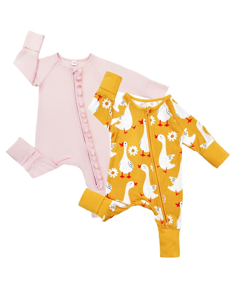 Bow Dream Baby Bamboo Rayon Romper Girl Footless Viscose Newborn Infant Footie Outfits Mitten Cuffs Toddler Boy Clothes Yellow Goose 6-12 Months - Image 2