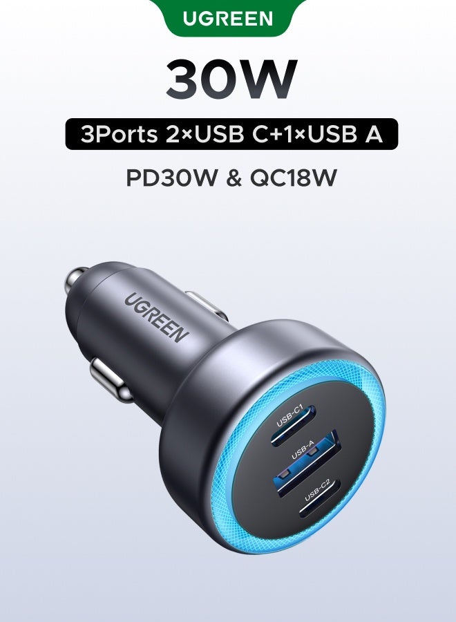 يو جرين شاحن سيارة 30 وات 2C1A محول سيارة سريع بمنفذ USB من تايب سي مع مؤشر LED أزرق متوافق مع آيفون 17 16 15 برو ماكس جالكسي S25 24 23 ألترا هواوي شاومي هونر أوبو فيفو ساعة آبل  سماعات الأذن رمادي 30W - Image 1