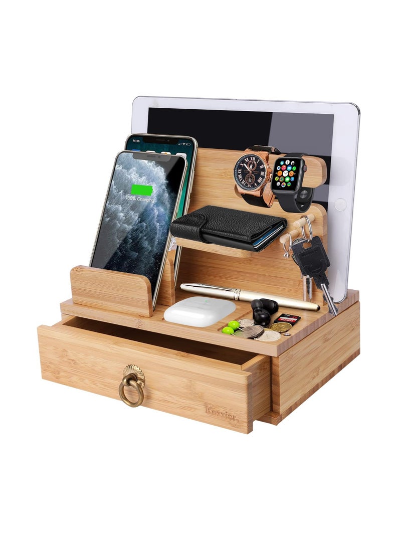 iCozzier iCozzier Bamboo Multiple Device Desktop Charging Dock Station Watch Organizer Key Holder with Drawer for Watch,Pods,Pad,Smartphones,Tablets,Kindles  - Image 1