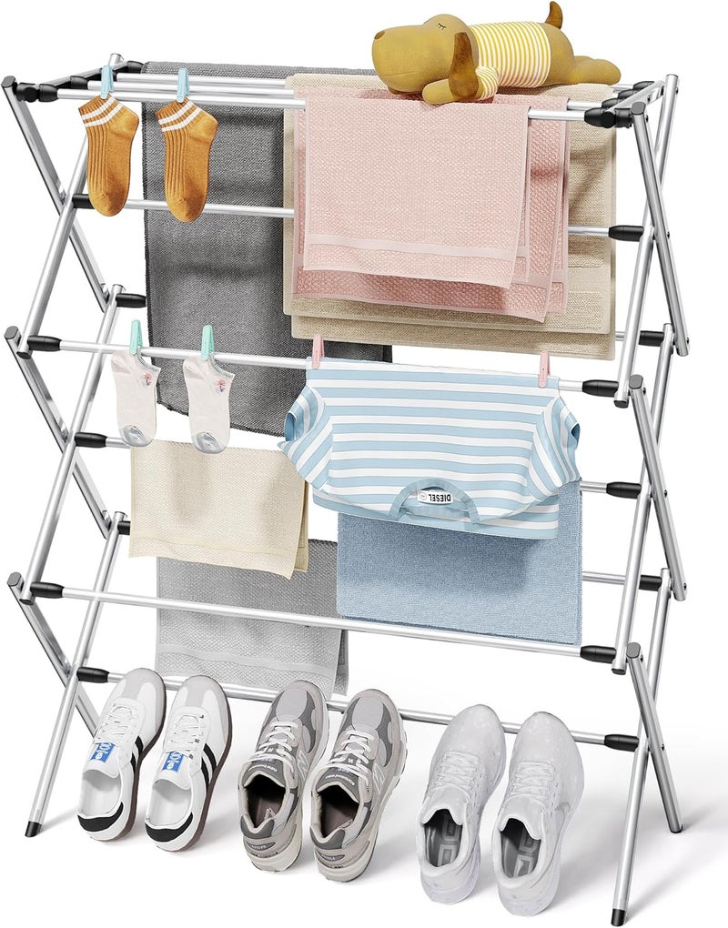 Sakugi Foldable Clothes Drying Rack – Metal Laundry Drying Rack with Non-Slip Feet, 3-Tier Space-Saving Clothing Rack for Organization, Indoor & Outdoor Use, 11.4" D x 29.1" W x 37.4" H, Silver - Image 1