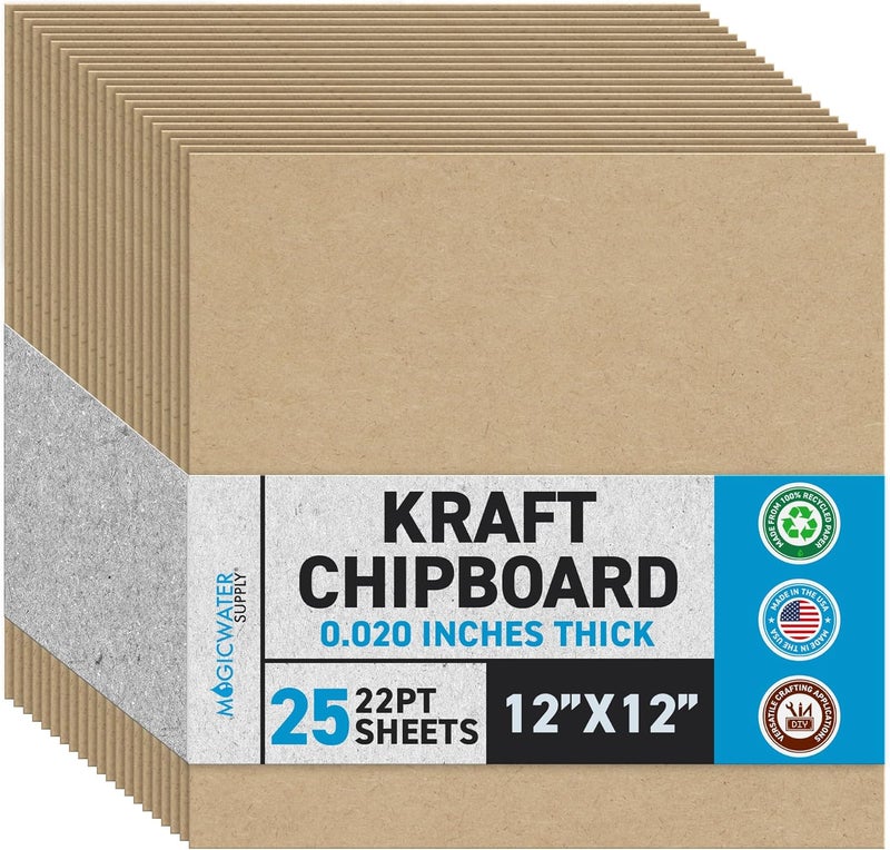 MagicWater Supply MagicWater Chipboard Sheet for DIY Projects - 12x12 Inch - 25 Pack - 22 pt - Heavy Duty Kraft (0.020 Inch Thick) Paperboard, for Scrapbooking, Books, Picture Frame Backing, Arts Project & Crafts - Image 1