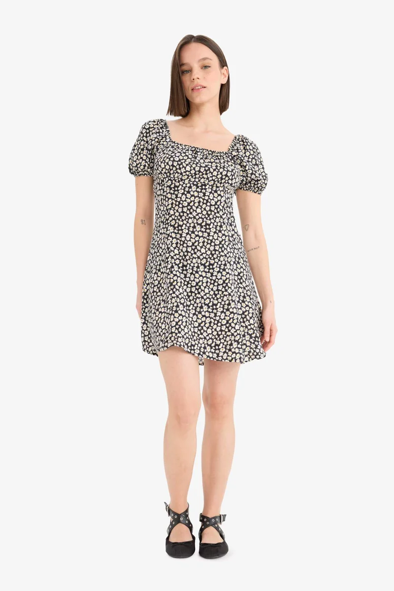 ديفاكتو Square Collar Printed Viscose Mini Dress