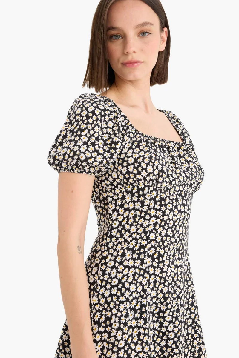 ديفاكتو Square Collar Printed Viscose Mini Dress