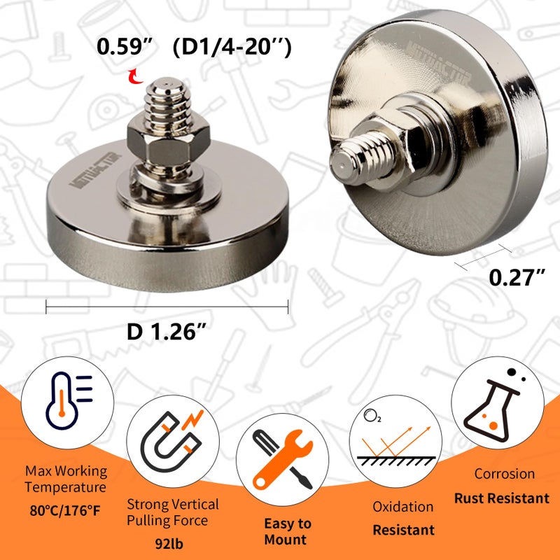 MUTUACTOR 4Pack Super Powerful Round Cup Magnet with 1/4''-20 Male Threaded Stud, 92lb Vertical Pull-Force Non-Shattering Neodymium Magnet with Nut and Washer for Lighting, Camera and Other Brackets - Image 5