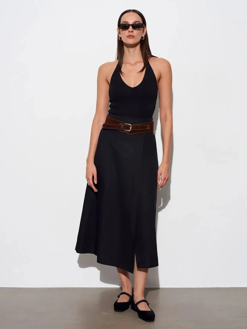 ديلفين Dilvin Mid-Waist A-Line Midi Skirt With Belt