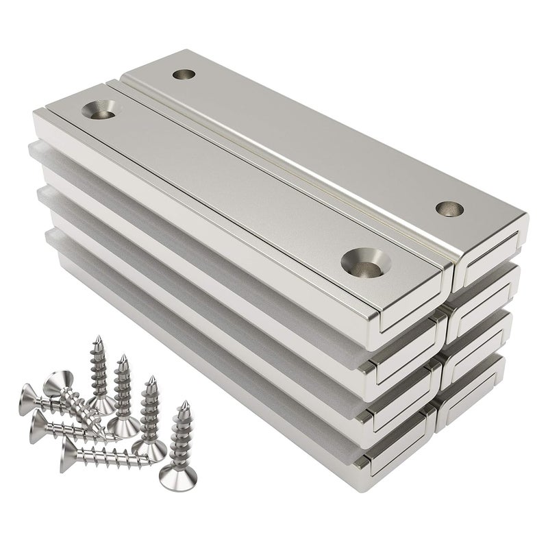 Magnetpro 8 x Rectangular Neodymium Magnets 30 kg Strength 60 x 13.5 x 5 mm with Countersunk Hole and Capsule, Household and Industrial Pot Magnet with Screws - Image 1