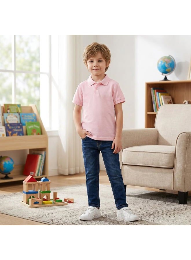 CUNYI Boys' Solid Color Cotton Pique Polo Uniform Shirts Short Sleeve, Light Pink/130 - Image 2