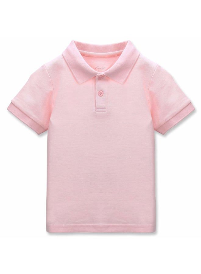 CUNYI Boys' Solid Color Cotton Pique Polo Uniform Shirts Short Sleeve, Light Pink/130 - Image 1