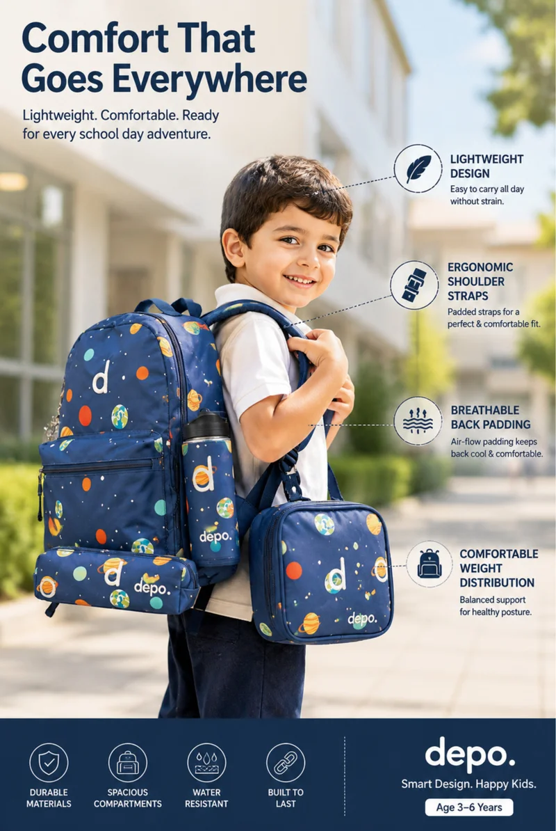 Depo DEPO 4-Piece School Set for Kids – Navy Blue Space & Planet Pattern, 35.5cm Backpack with Insulated Lunch Bag, Pencil Case & 500ml Water Bottle