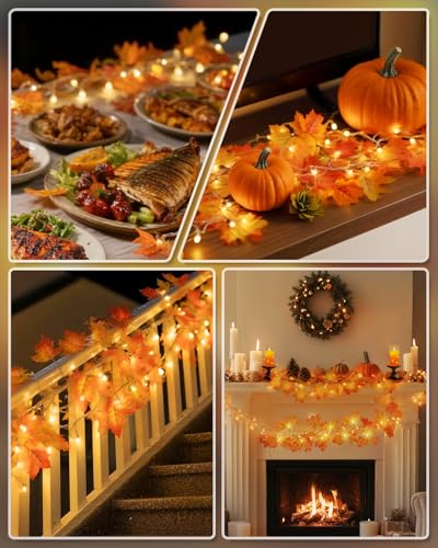 Luditek Fall Decor 3-Pack Fall Leaf Garland with Lights, Total 24.6ft 60 LED Halloween String Lights, Thanksgiving Decorations for Home Holiday Autumn Indoor Friendsgiving Gift - Image 4