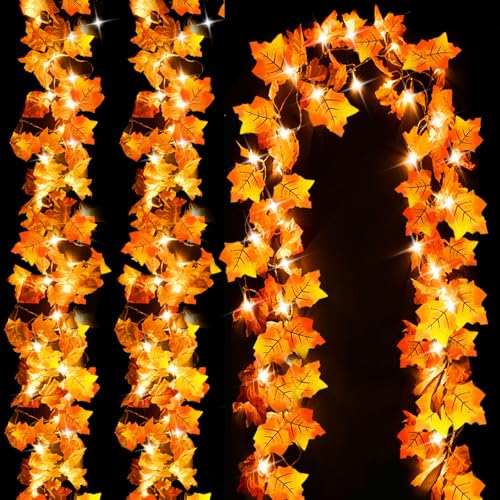 Luditek Fall Decor 3-Pack Fall Leaf Garland with Lights, Total 24.6ft 60 LED Halloween String Lights, Thanksgiving Decorations for Home Holiday Autumn Indoor Friendsgiving Gift - Image 1