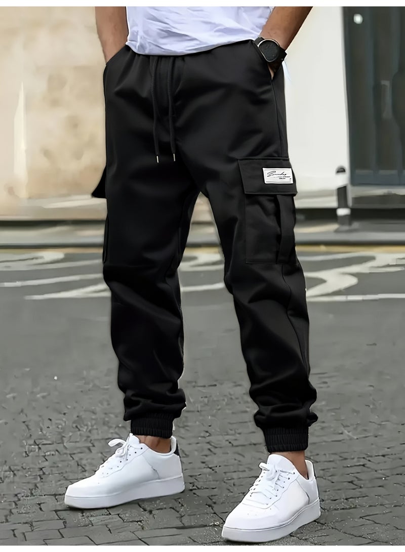 Men's Black Cargo Joggers Drawstring Waist Ankle Banded Casual Tapered Pants - Image 1