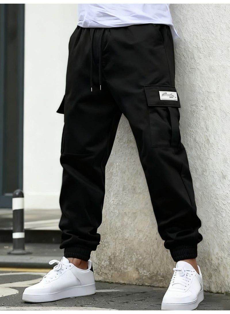 Men's Black Cargo Joggers Drawstring Waist Ankle Banded Casual Tapered Pants - Image 2