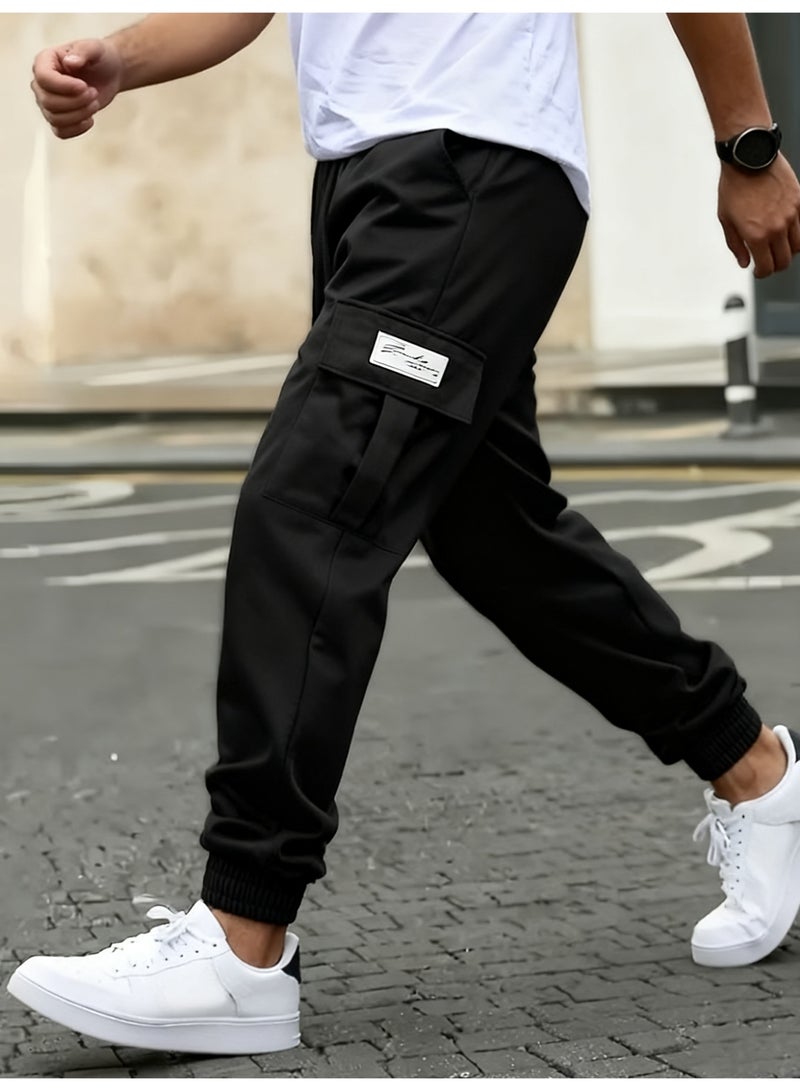 Men's Black Cargo Joggers Drawstring Waist Ankle Banded Casual Tapered Pants - Image 3
