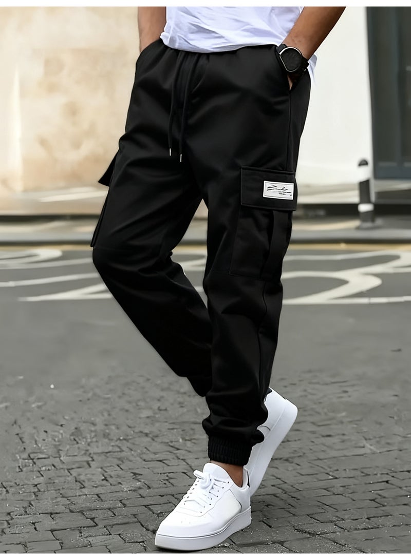 Men's Black Cargo Joggers Drawstring Waist Ankle Banded Casual Tapered Pants - Image 4