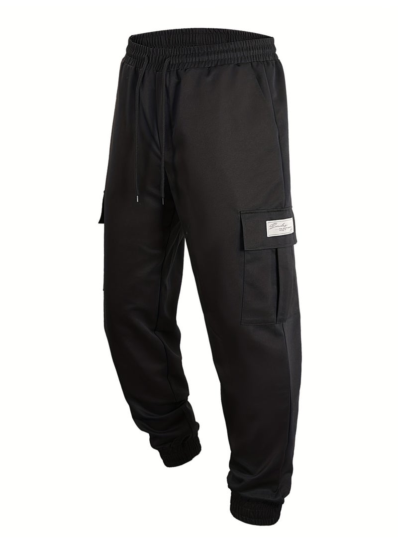 Men's Black Cargo Joggers Drawstring Waist Ankle Banded Casual Tapered Pants - Image 5