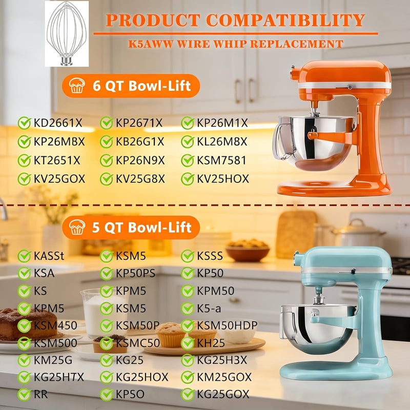 TIZZE خفاقة سلكية K5AWW لخلاط KitchenAid سعة 5 كوارت من نوع رفع الوعاء - ملحق خفق من الفولاذ المقاوم للصدأ بستة أسلاك ثقيل - آمنة للغسيل في غسالة الأطباق لخفق الكريمة والبيض والتزيين وخليط الكيك - Image 4