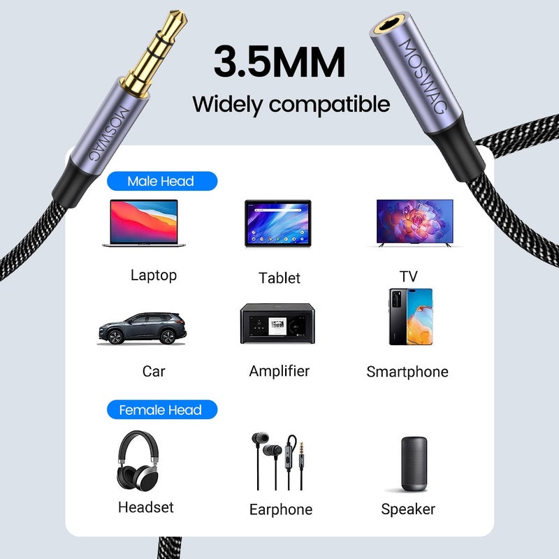 MOSWAG 2 metres 3.5mm Headphone Extension Cable, 3.5mm Male to Female Stereo Extension Adapter Nylon Braided Cord Compatible for Home/Car Stereos Smartphones Headphones Tablets Media Players and More - Image 2
