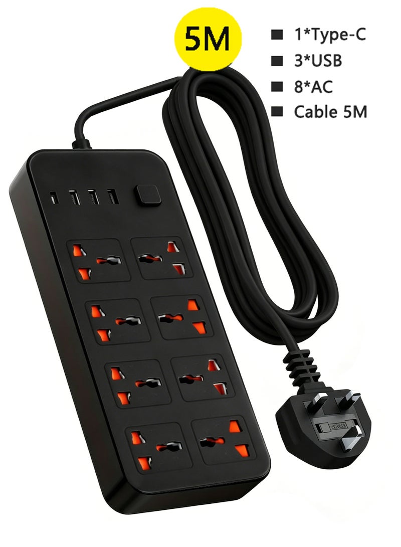 TDAO 5 Meters Universal Extension Lead, Power Strip, Extension Power Board with Multiple Function UK Plug 3 Pin Socket Outlet with 8 Gang 3 USB Port 1 Type-C Port，Children's Anti Electric Shock, 5M Electric Socket Mains Strip for Home Kitchen and Office 5 meters，Black - Image 1