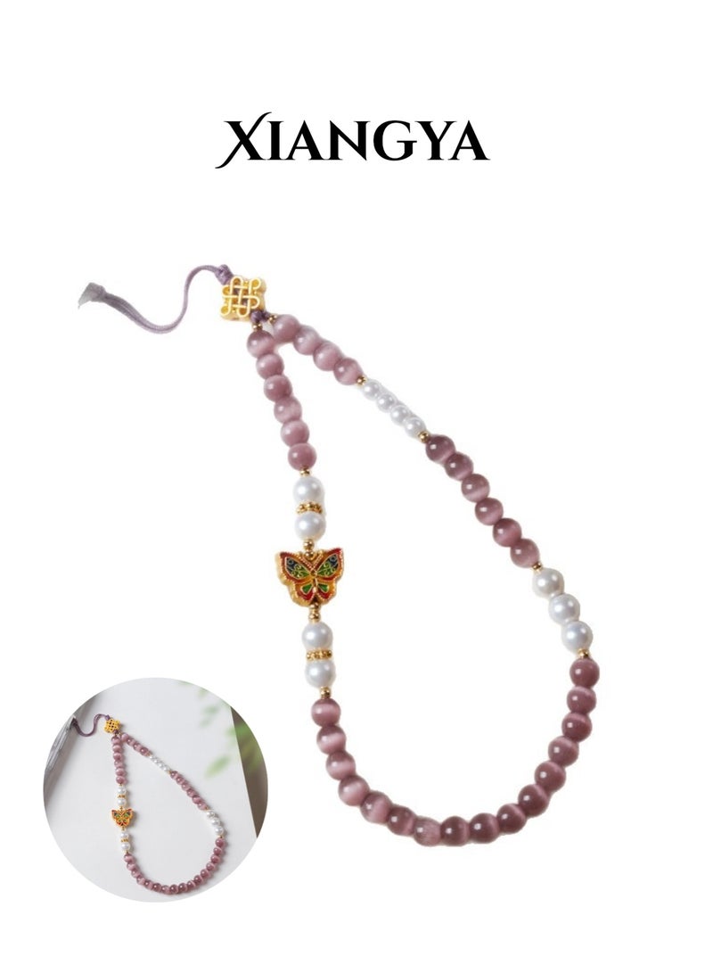 XIANGYA Purple Phone Charm / Butterfly Phone Chain Strap – Lucky Charms Cat’s Eye Stone & Shell Beads with 18K Gold-Plated Details, Elegant Lanyard & Keychain for Women Girls, Fashion Phone Accessories - Image 1